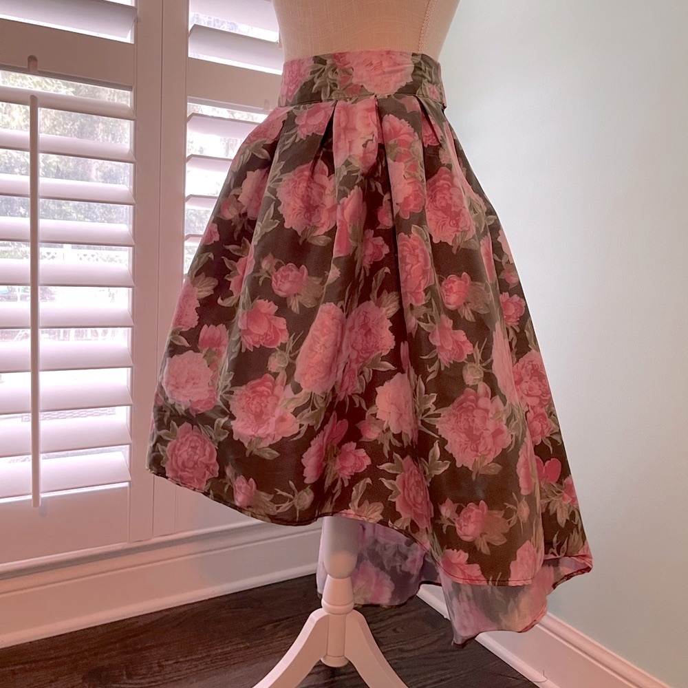 Forever 21 Asymmetrical A-Line Midi Skirt green with pink roses